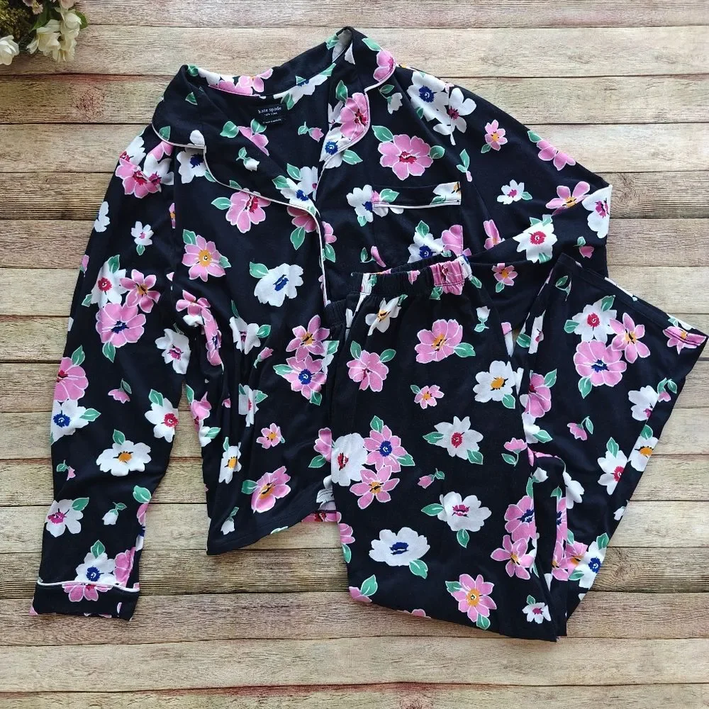 Kate Spade Floral Pajama Set Black Pink Size Large / X-Large